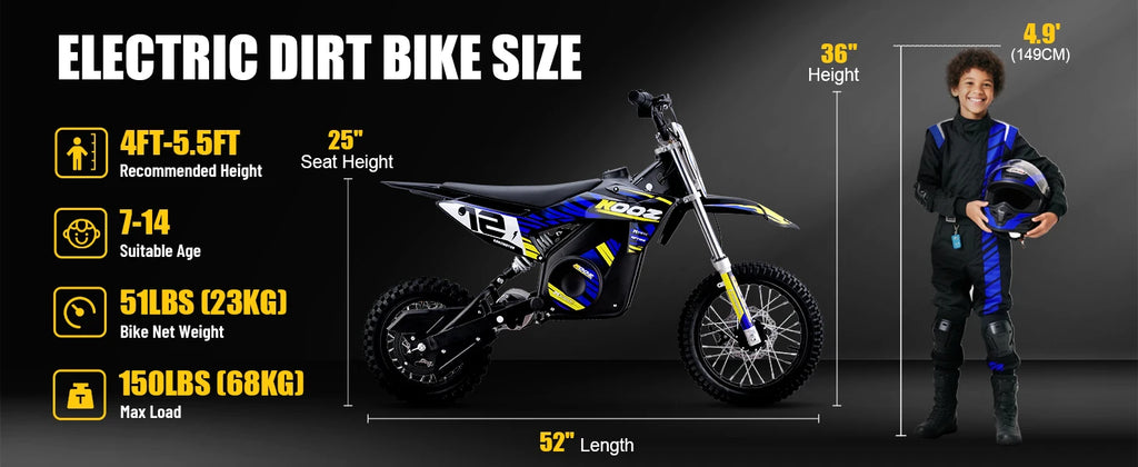 KOOZ HP112E 36V 1000W Electric Dirt Bike for Kids, 3 Speed Modes Teen Electric Motorcycle Up to 18 MPH & 15 Miles Long-Range