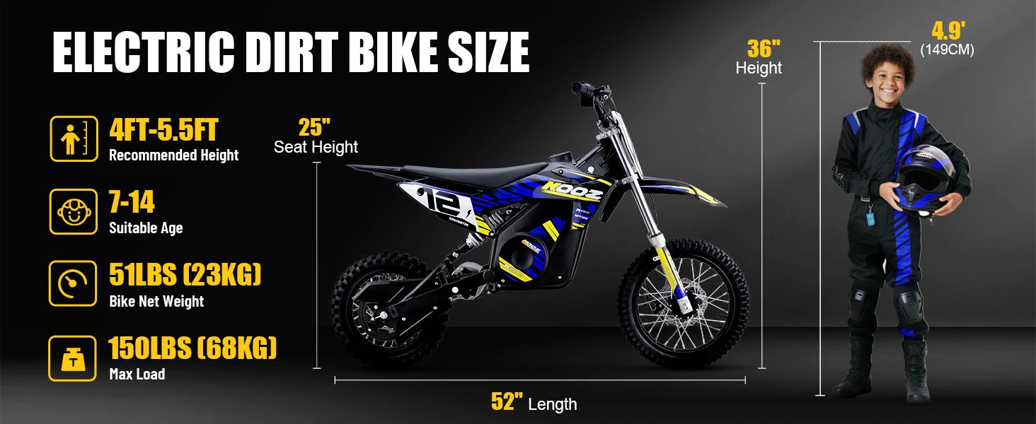 KOOZ HP112E 36V 1000W Electric Dirt Bike for Kids, 3 Speed Modes Teen Electric Motorcycle Up to 18 MPH & 15 Miles Long-Range