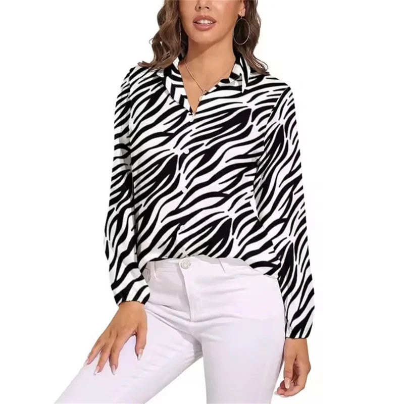 Green Zebra Stripes Blouse Woman Animal Print Casual Loose Blouses Long Sleeve Kawaii Shirts Graphic Top Big Size 2XL 3XL