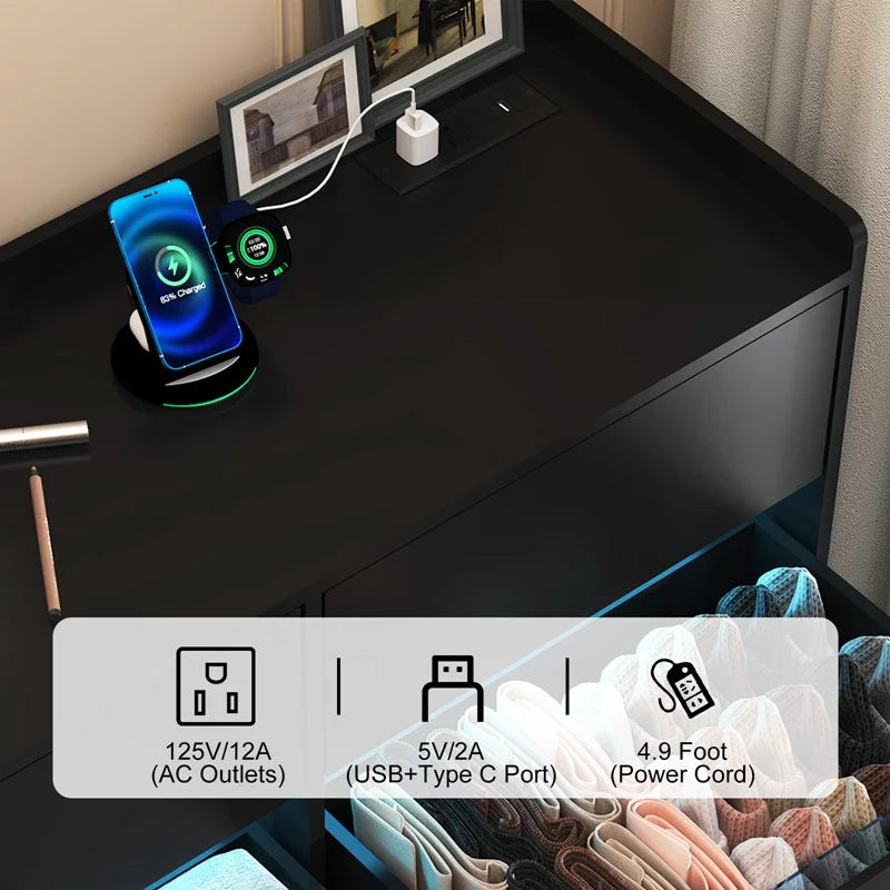 9 Drawer Dresser with Power Outlet & LED Light, Modern Chest of Drawers for Closet, 63" Drawer Organizer Cabinet for Bedroom