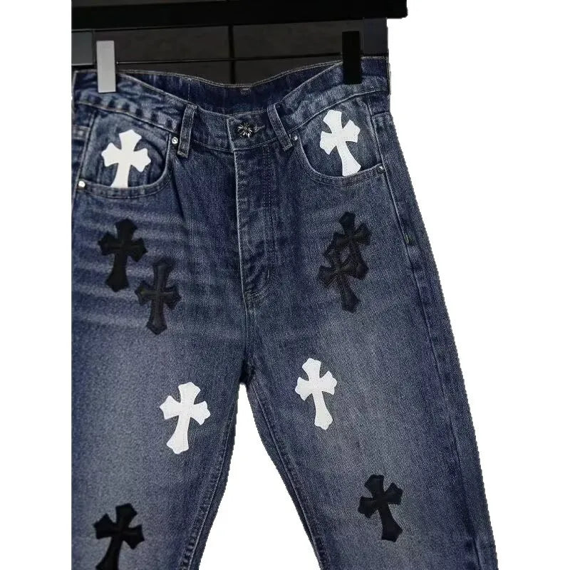 Casual Straight Leg Jeans Men's Loose Fit High Street Style Washed Denim Pants Tapered Leather Feel American Style