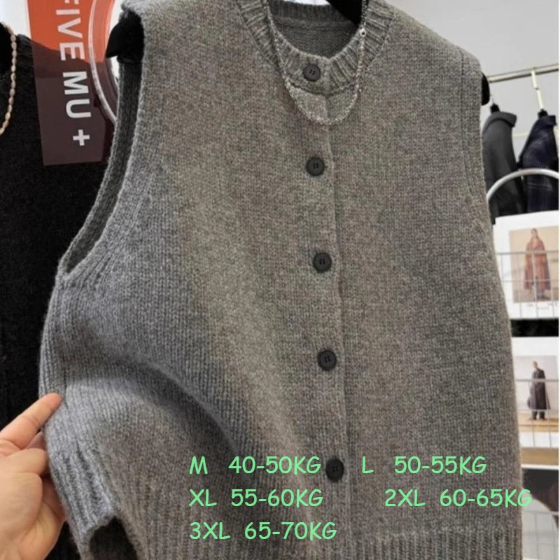 Women Sweater Vests Casual Loose Basics Solid Buttons Knitwear Sleeveless Female Bottom Sweater Vintage Simple Simple Tank Tops