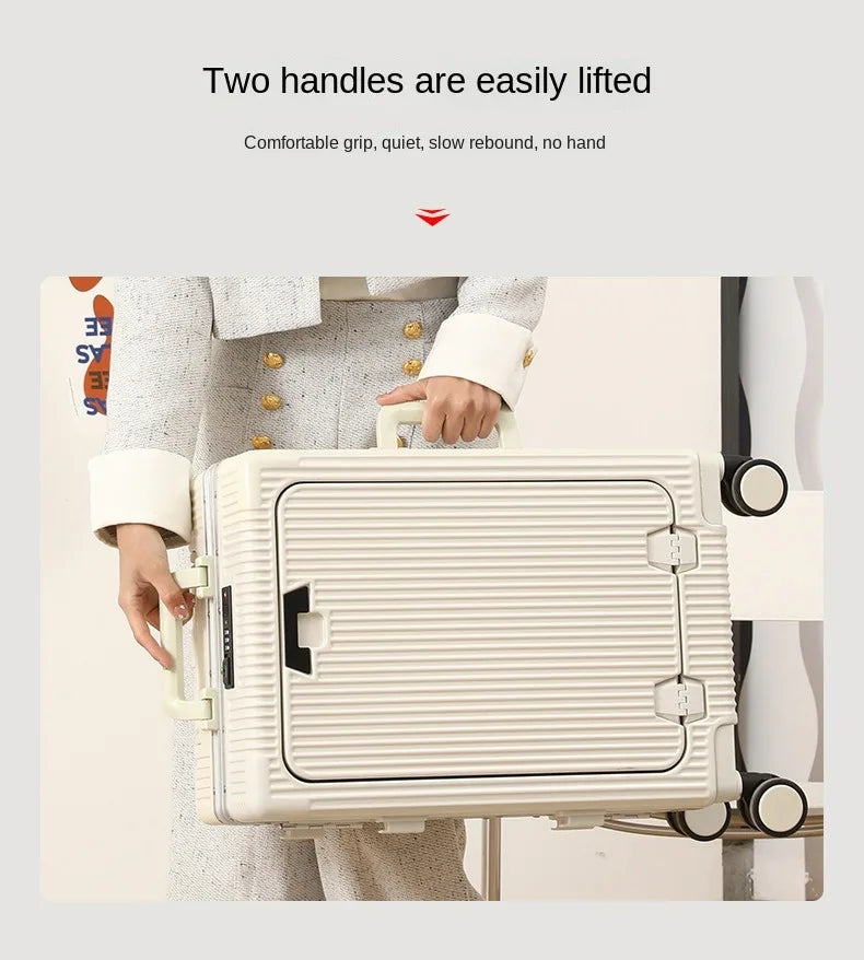 Suitcase Front Opening Pocket Aluminum Alloy Frame Rolling Luggage with USB Charging Plug Trolley Carry-on Case Bag with Wheel