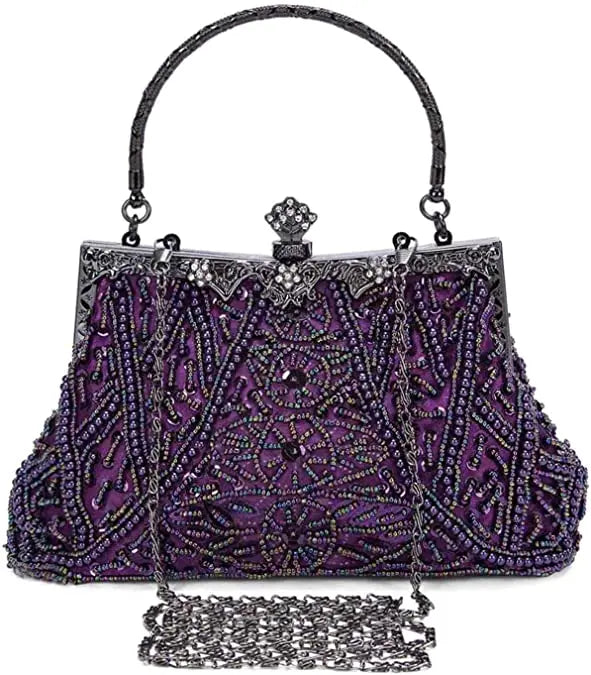 Lost in Vintage Clutch Handbag Beaded and Sequin Kiss-lock Closurer Shoulder Bag Crossbody Detachable ChainProm Evening Party