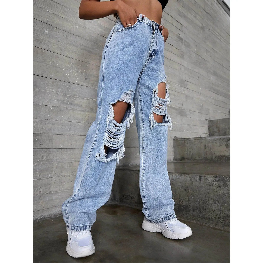 Women’s High-Waist Ripped Jeans – Mid-Stretch Trendy Denim