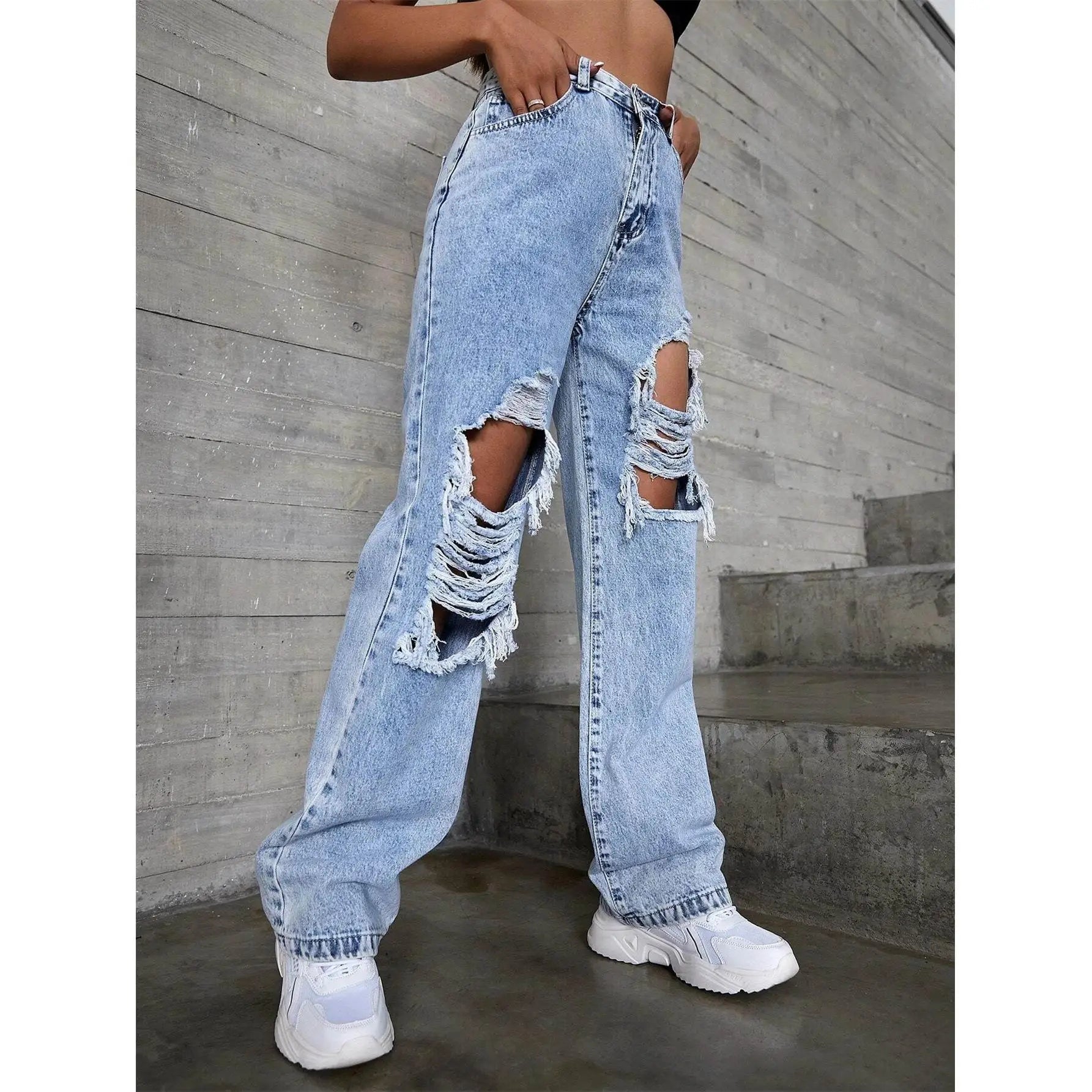 Women’s High-Waist Ripped Jeans – Mid-Stretch Trendy Denim