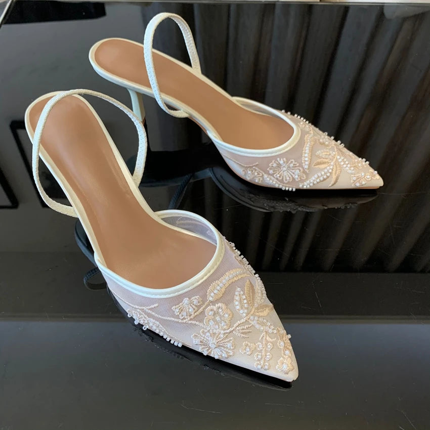 Brand Designer White Women Pumps Mesh Embroidered Flowers Back Strap Sexy Slingback High Heels Dress Wedding Shoes for Ladies