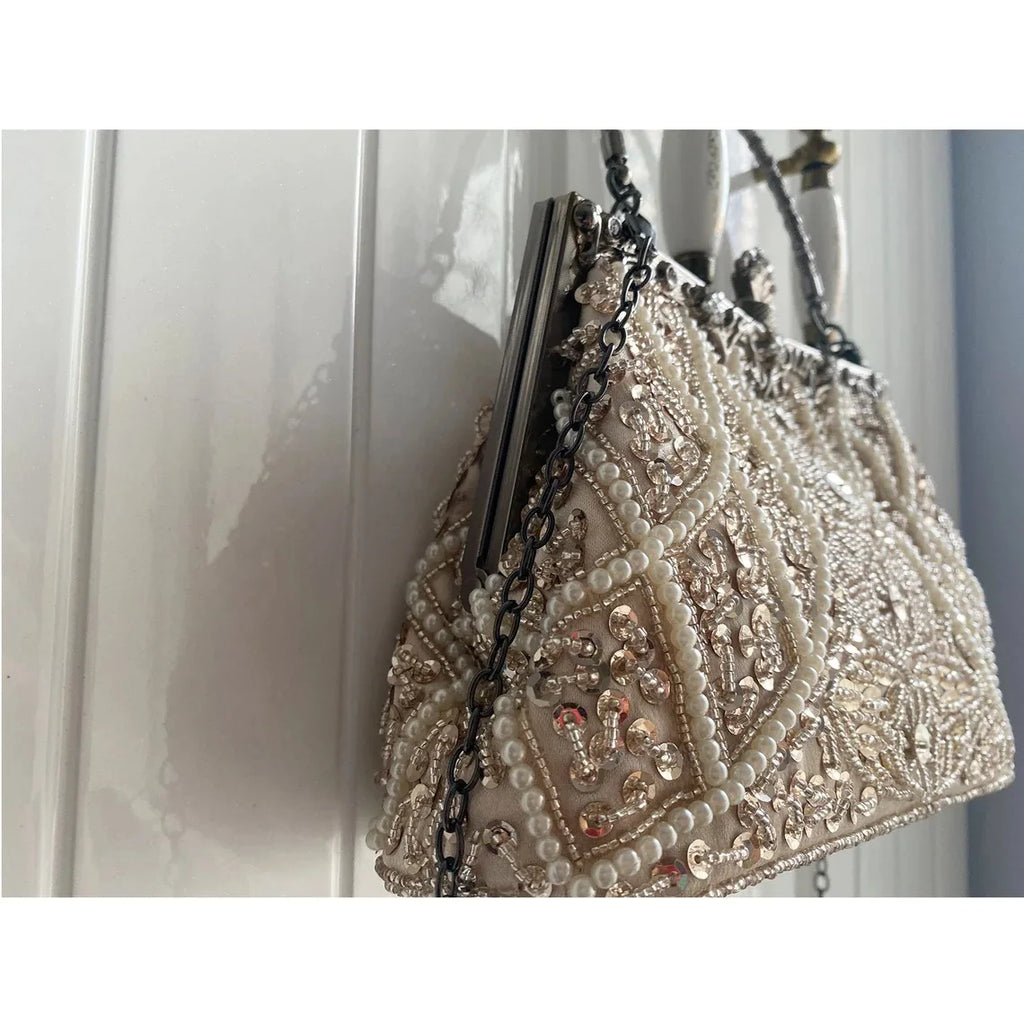 Lost in Vintage Clutch Handbag Beaded and Sequin Kiss-lock Closurer Shoulder Bag Crossbody Detachable ChainProm Evening Party