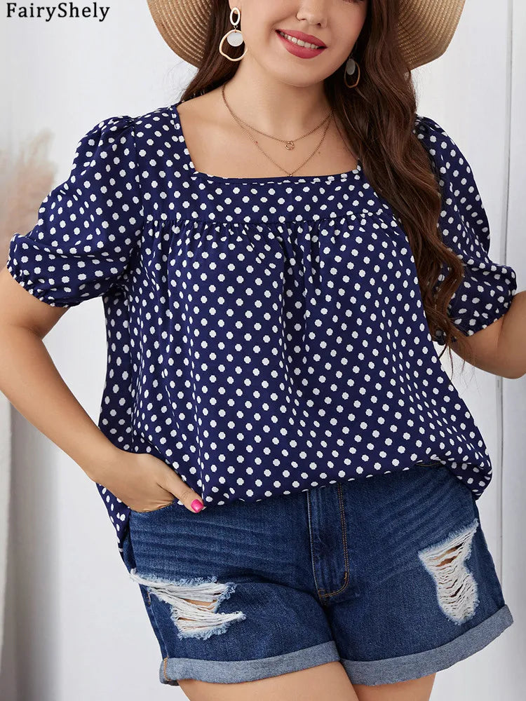FairyShely Plus Size Square Collar Summer Top – Elegant Short Sleeve Casual T-Shirt for Women