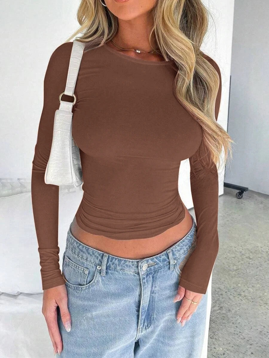 Women’s Slim Fit Long Sleeve Crop Top – Basic Layering Tee for Spring & Fall Fashion (Y2K Style)