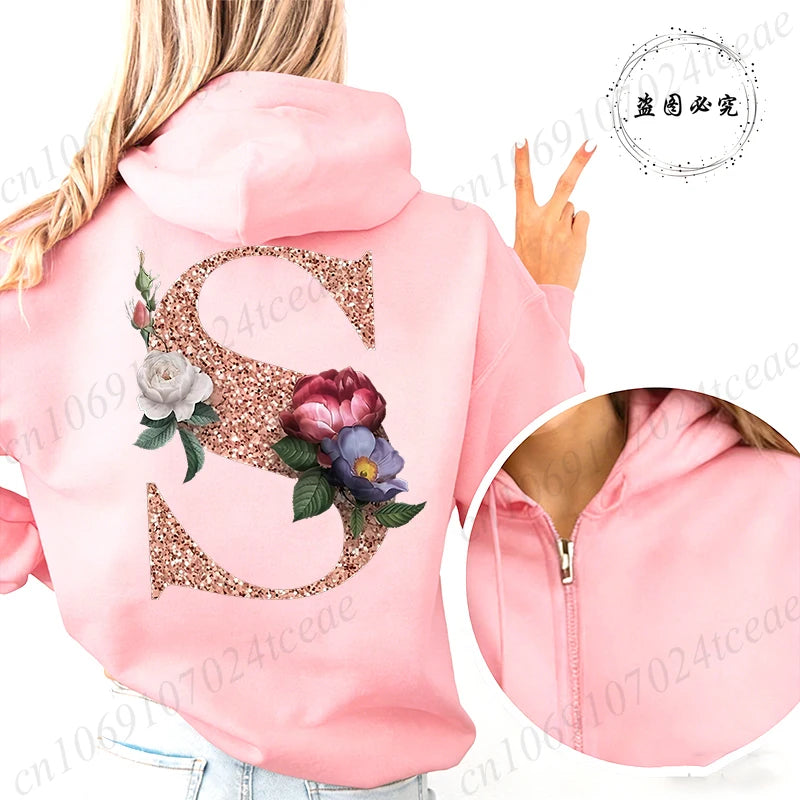 Women Zip Up Hoodies Rose Gold Letter A~Z Zipper Jackets Coats Autumn Winter Hoody Sweatshirt Fashion Casual Zip Pink Hoodie Top