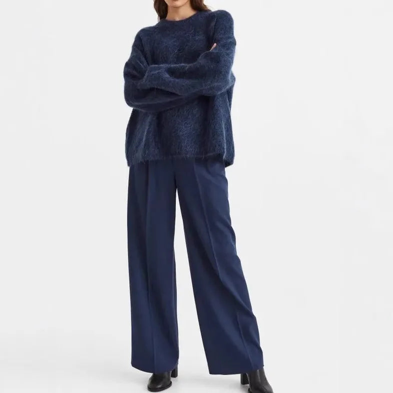 Women’s Oversized Fuzzy Knit Pullover – Solid Color Crewneck Sweater (Cozy “Lazy” Style)