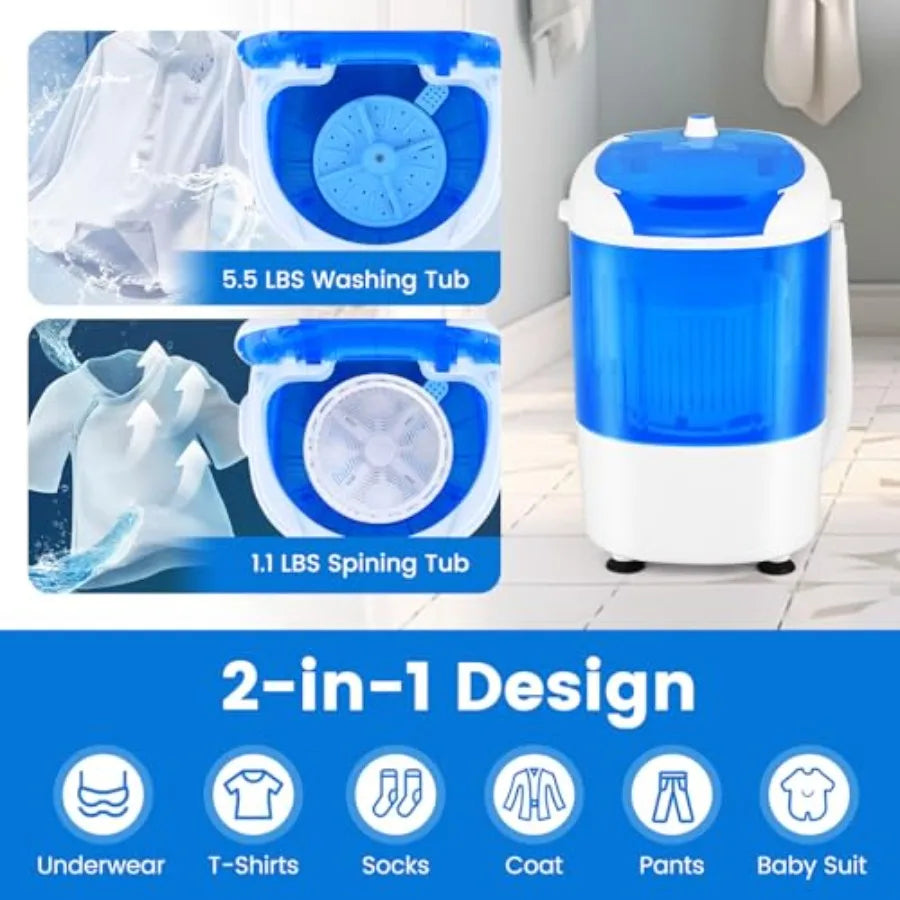 Portable Mini Washing Machine with Spin Dryer for Home Apartment RV 5.5lbs Washing Capacity Electric Compact Design Durable and