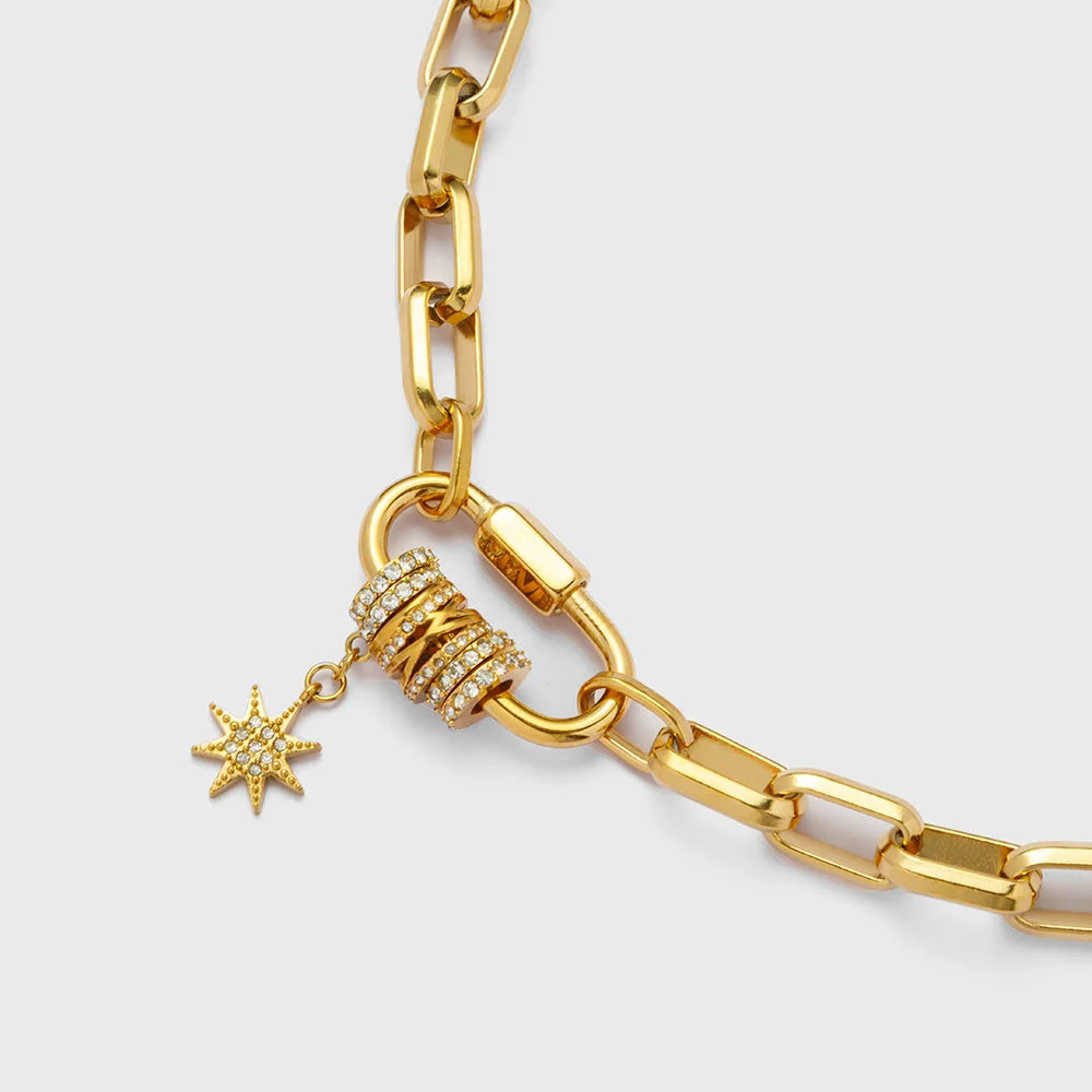 18K Gold-Plated Carabiner Necklace | Waterproof Stainless Steel Chain with Zircon Star Charm