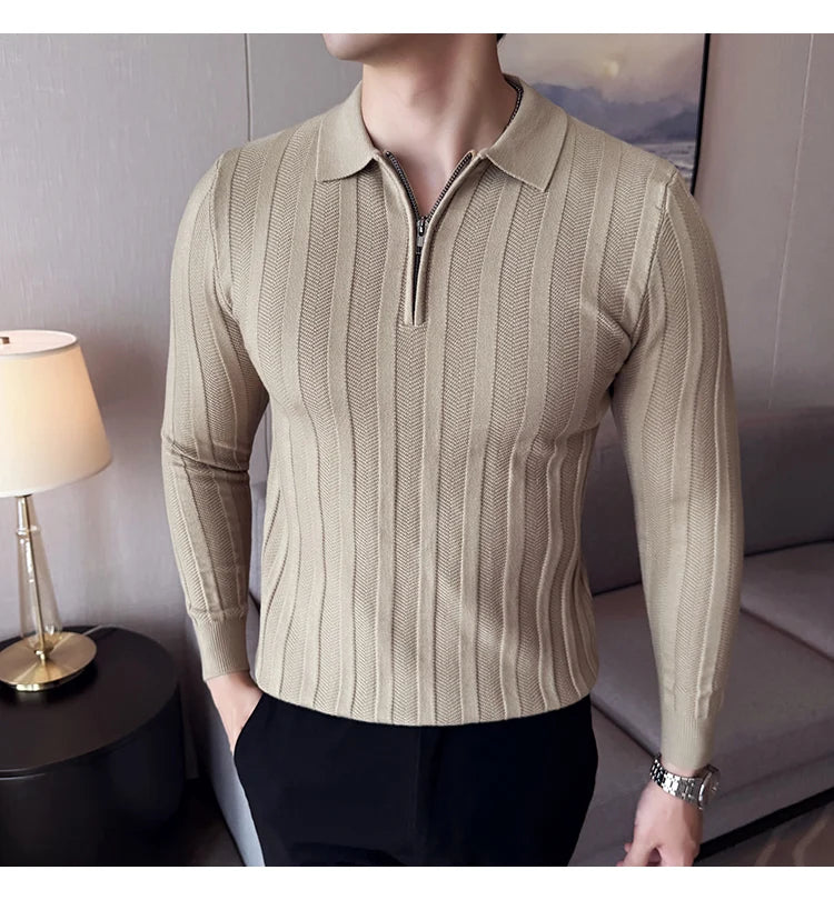 Men's Zip-Front Knit Sweater - White Polo Collar (Black/Burgundy/Cream) M-4XL Soft Touch Autumn Winter Casual Style