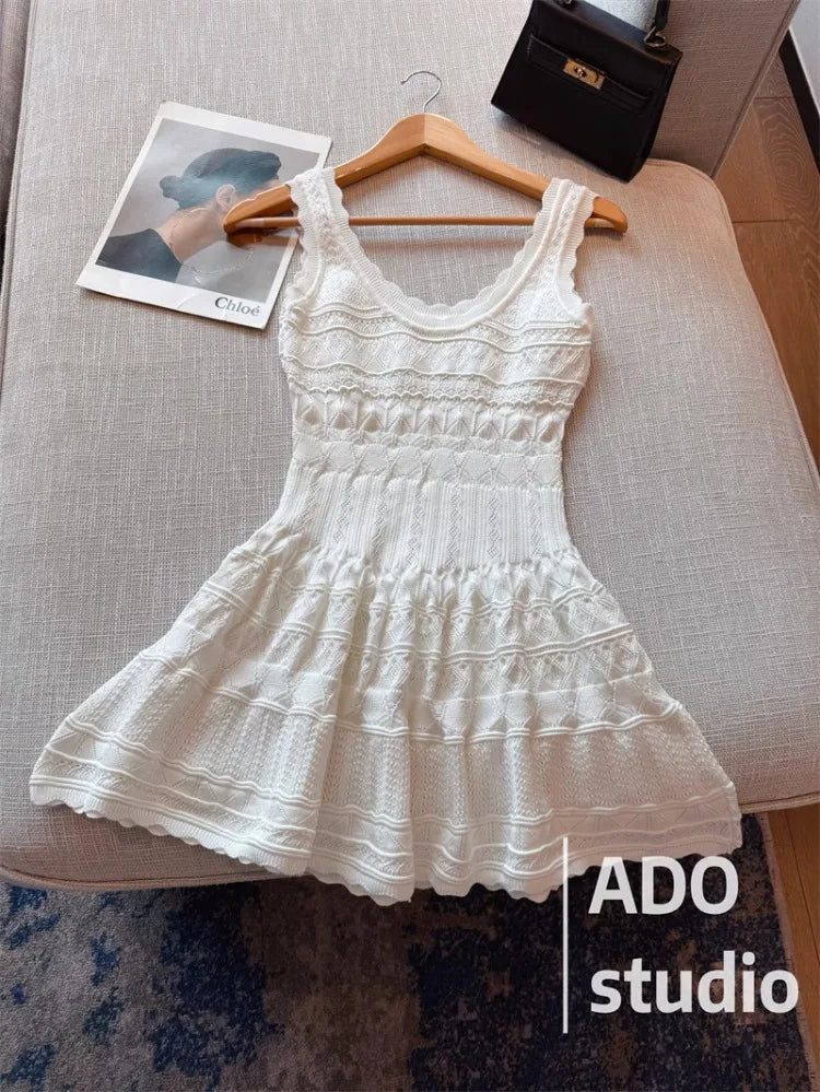 Korobov Solid Color Sweet A-line Dresses Ruffled Knitted Vest Dress for Women Summer French Style Hollow Short Skirt