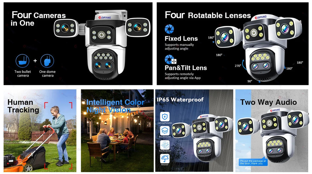 Outdoor 10K WiFi6 Camera 20MP 10X Optics Zoom Three Screen Four Len PTZ Automatic Tracking 6K Dual Lens Waterproof Security CCTV
