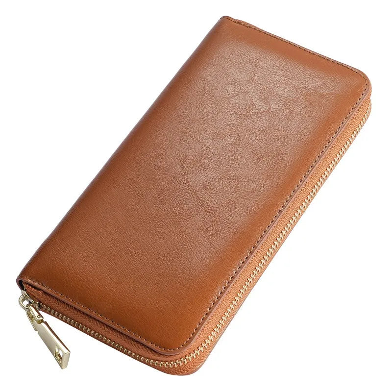 New Oil Waxed Cowhide Women's Zipper Wallet Long Genuine Leather Large Capacity Handbag Japan Style