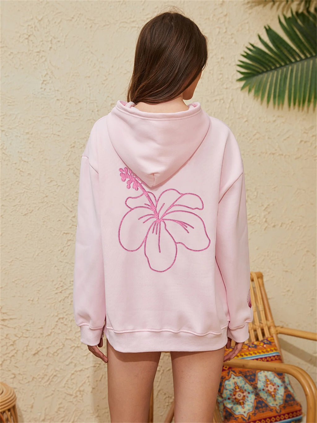 Women’s Coconut Tree Embroidered Hoodie – Loose Waffle-Knit Pullover