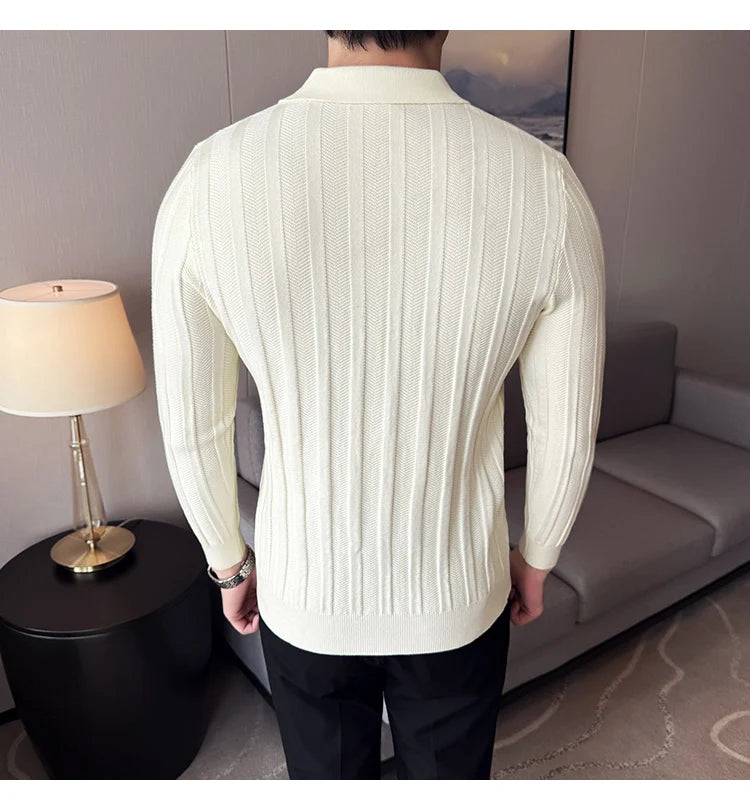 Men's Zip-Front Knit Sweater - White Polo Collar (Black/Burgundy/Cream) M-4XL Soft Touch Autumn Winter Casual Style