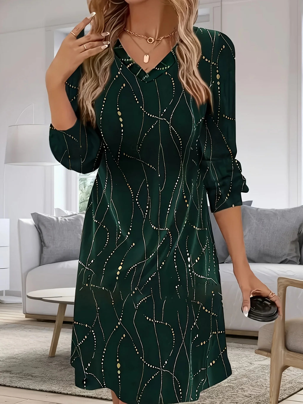 plus Size Velvet Golden Print Dress V-Neck Long Sleeve Autumn Winter Women's Clothing Maxi Gown