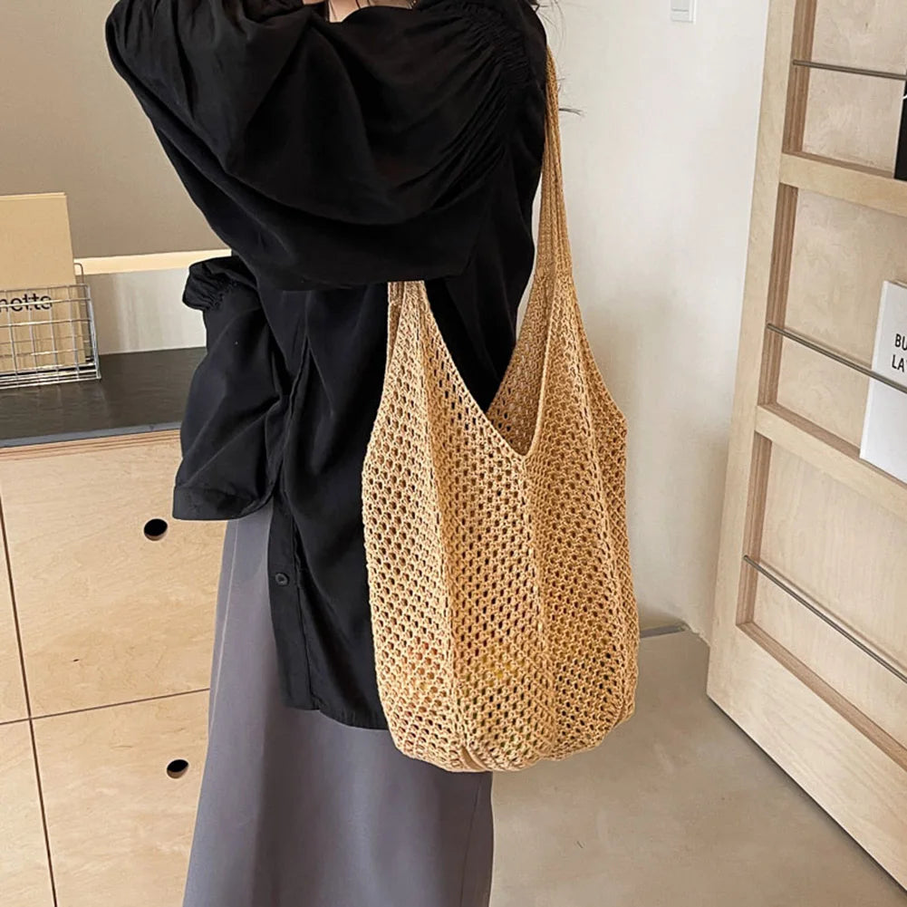 Women Knitting Shoulder Bag Large Capacity Knitting Underarm Bag Solid Crochet Tote Handbag Summer Mesh Beach Bag Hobo Bag