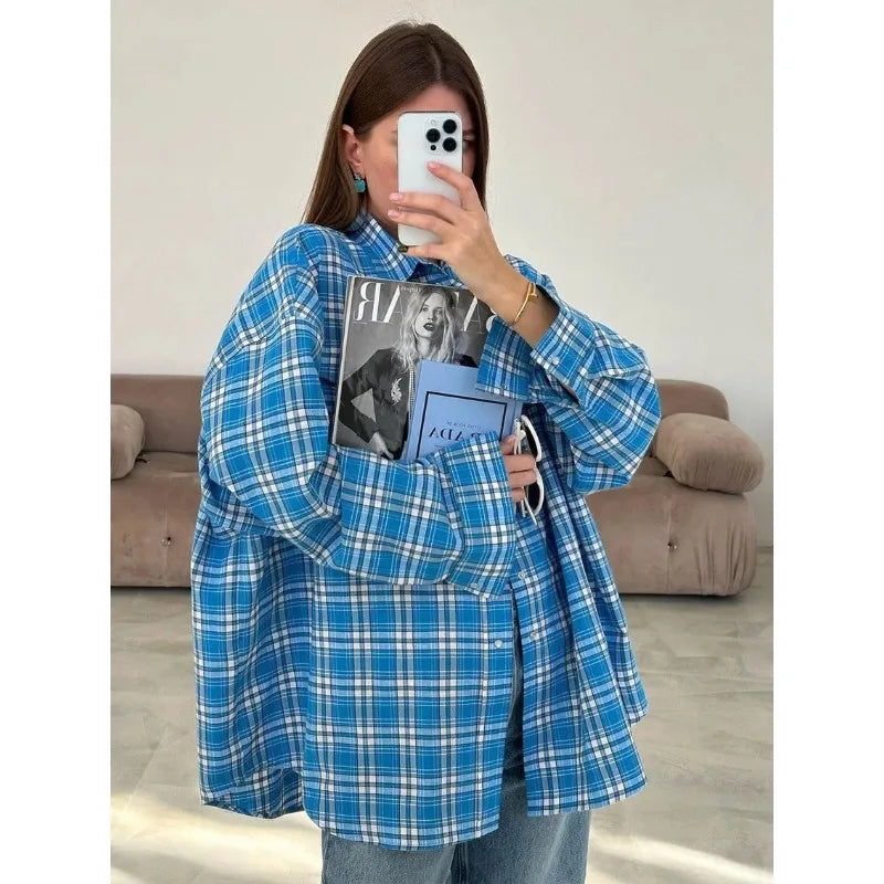 Fashion Baggy Plaid Women'S Blouse Elegant Lapel Long Sleeve Shirts And Blouses Vintage Pocket Lace-Up Top Female 2025