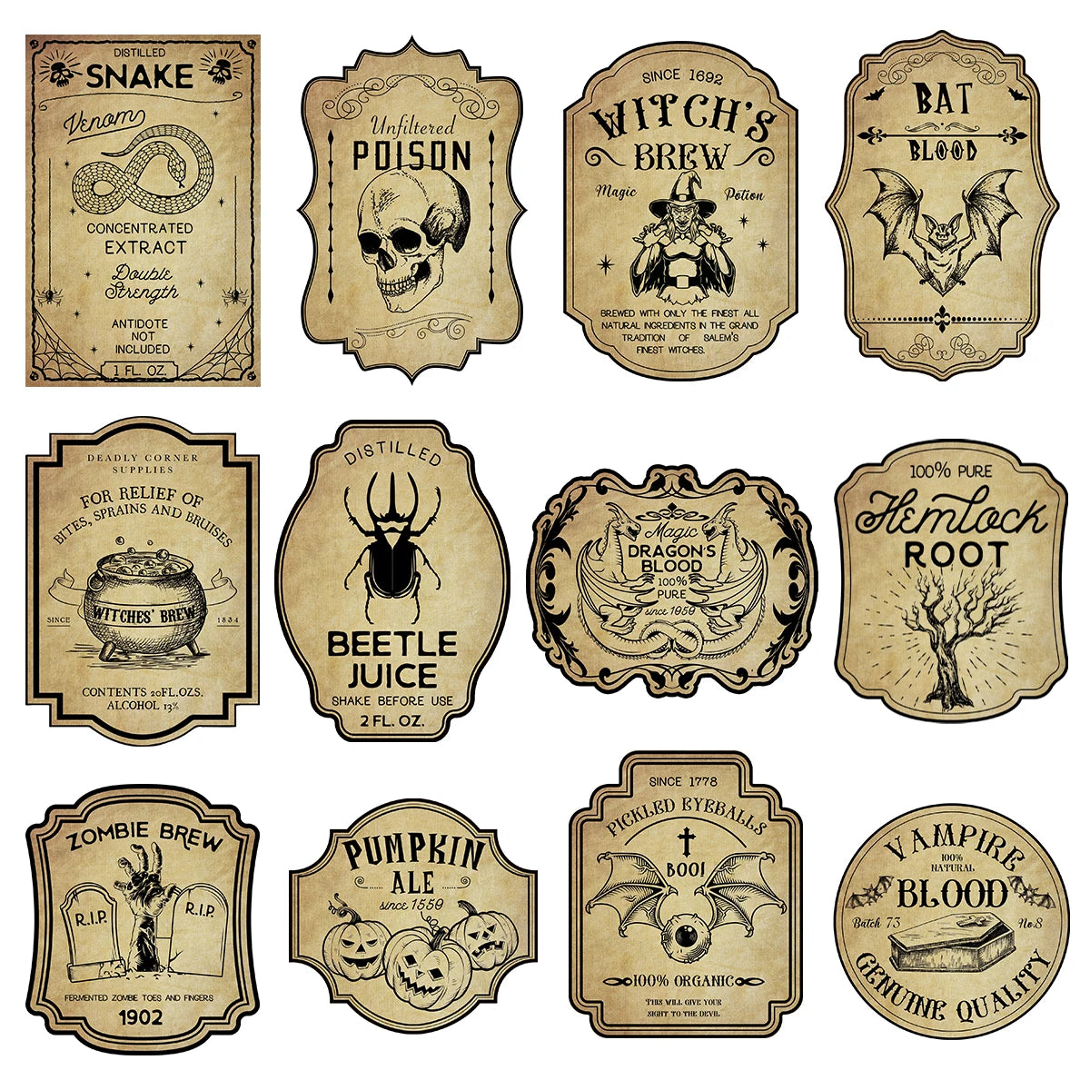 12/24PCS Halloween Retro Gothic Wine Bottle Labels – Vintage Witch Potion Stickers