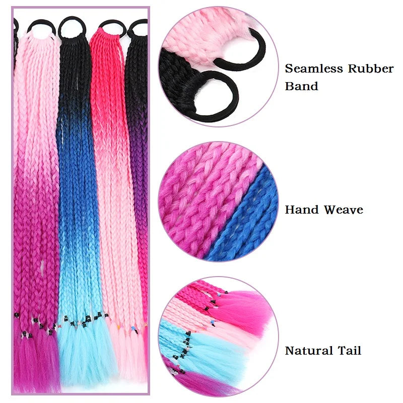 WIGSIN 24Inch Synthetic Long Ombre Rainbow Box Braid Ponytail Hair Extension for Women Rubber Band Hairstyle for Women