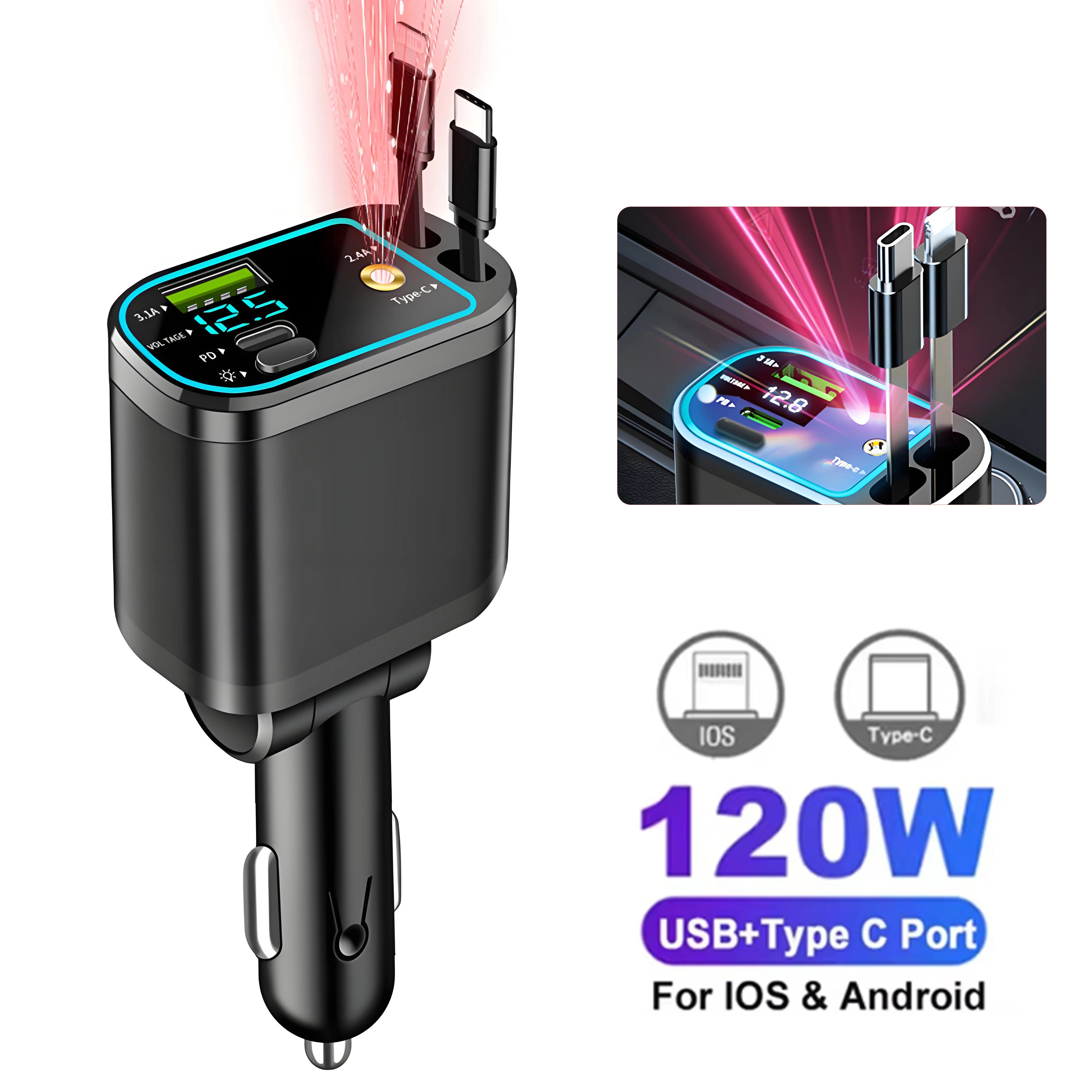150W Car Charger PD30W Car Cigarette Lighter Adapter Voltage Display With Retractable Cable Fast Charger 22.5W For IOS Android