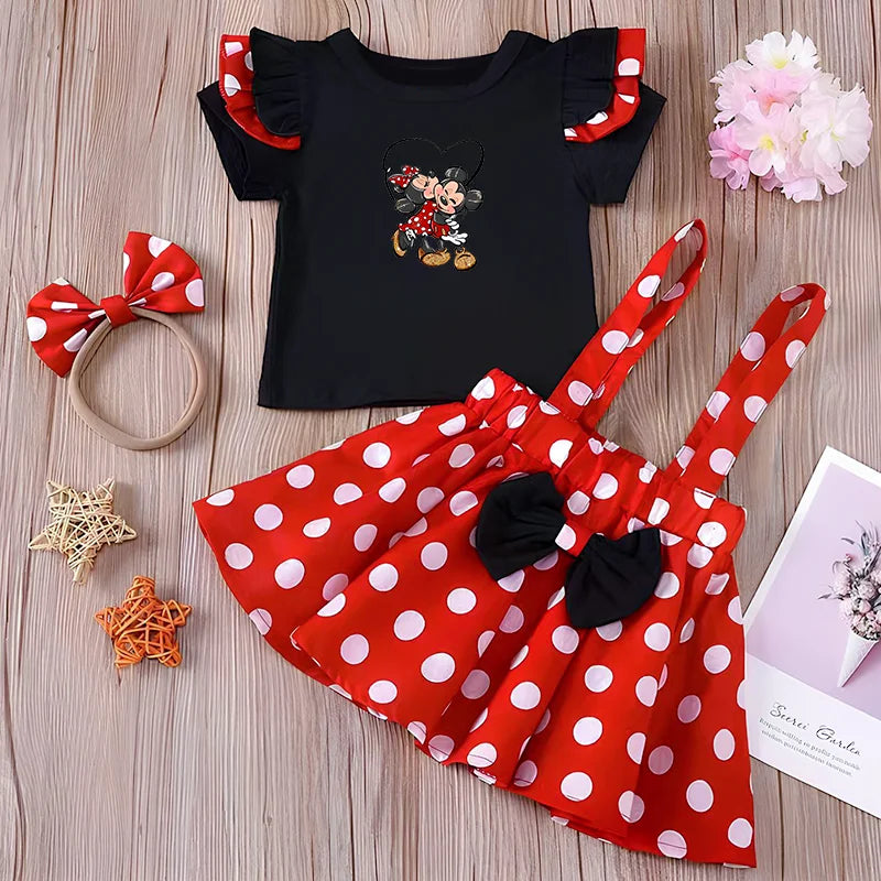 Minnie Mouse Girl Set Children Dress Baby Clothing Set Summer Birthday Costume Polka Dot Suspender Skirt Bow Headband skirt suit