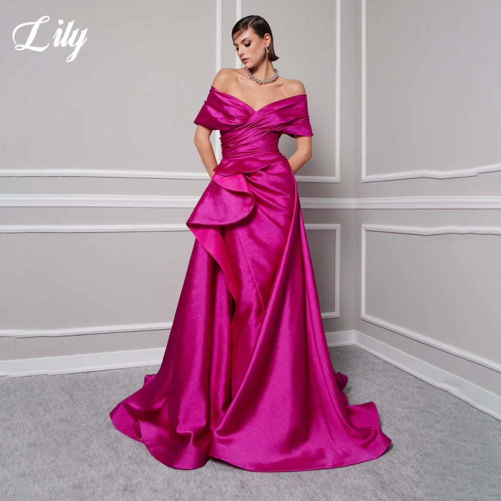 Lily Red Elegant Prom Gown V-Neck Off the Shoulder Party Dress for Woman Satin Pleating Side Split Evening Dresses Customized