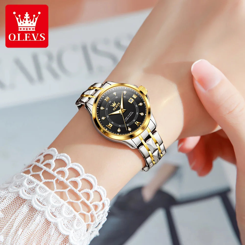 OLEVS Elegant Luxury Watches for Women Original Stainless Steel Calendar Luminous Waterproof Quartz Fashion Trend Ladies Watch