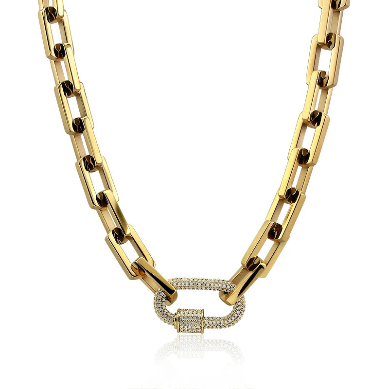 18K Gold & Silver Chunky Paperclip Chain Necklace | Zircon Carabiner Lock Minimalist Jewelry