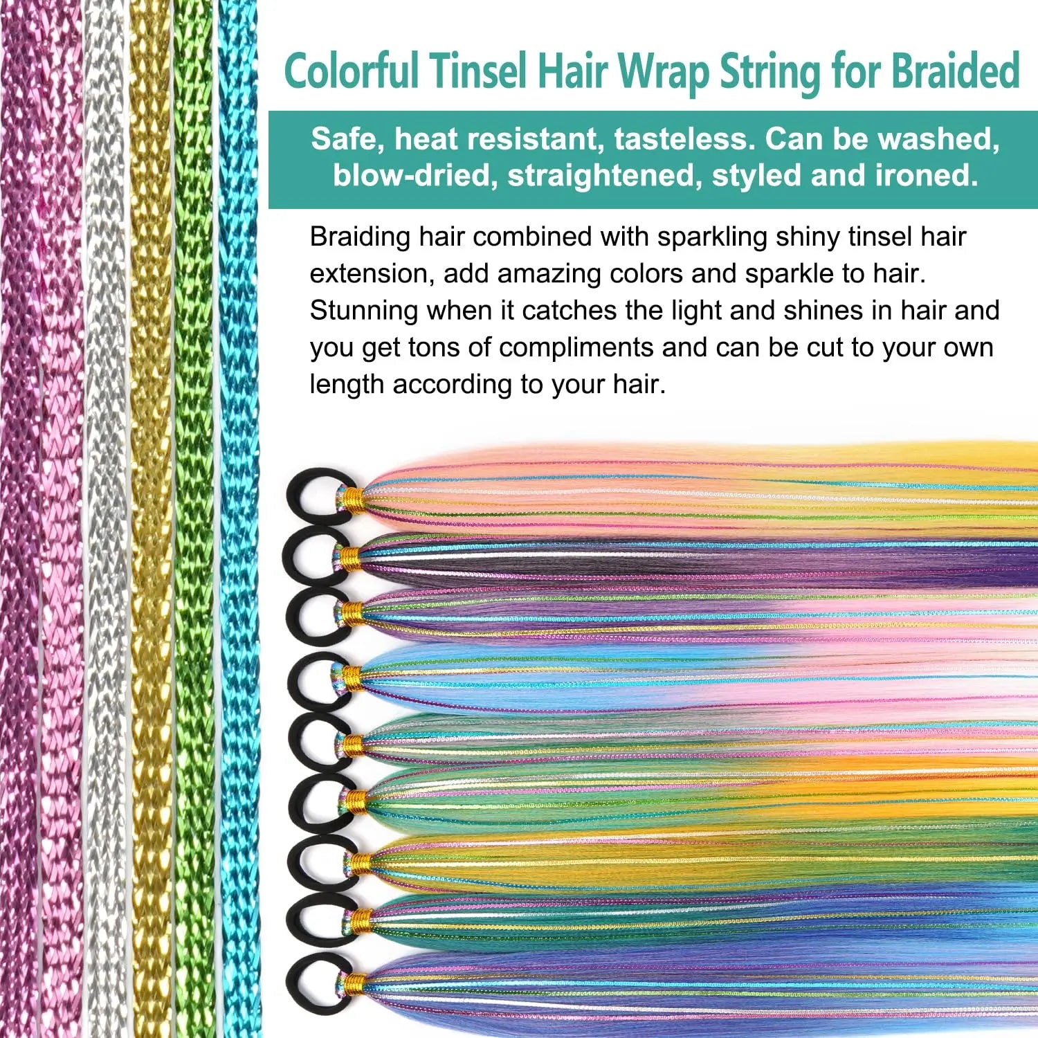 26 Inch Hair Tinsel Colored Braided Ponytail Extension 1/2 Pack Blue Pink Gradient Hair Extensions Synthetic Ponytail