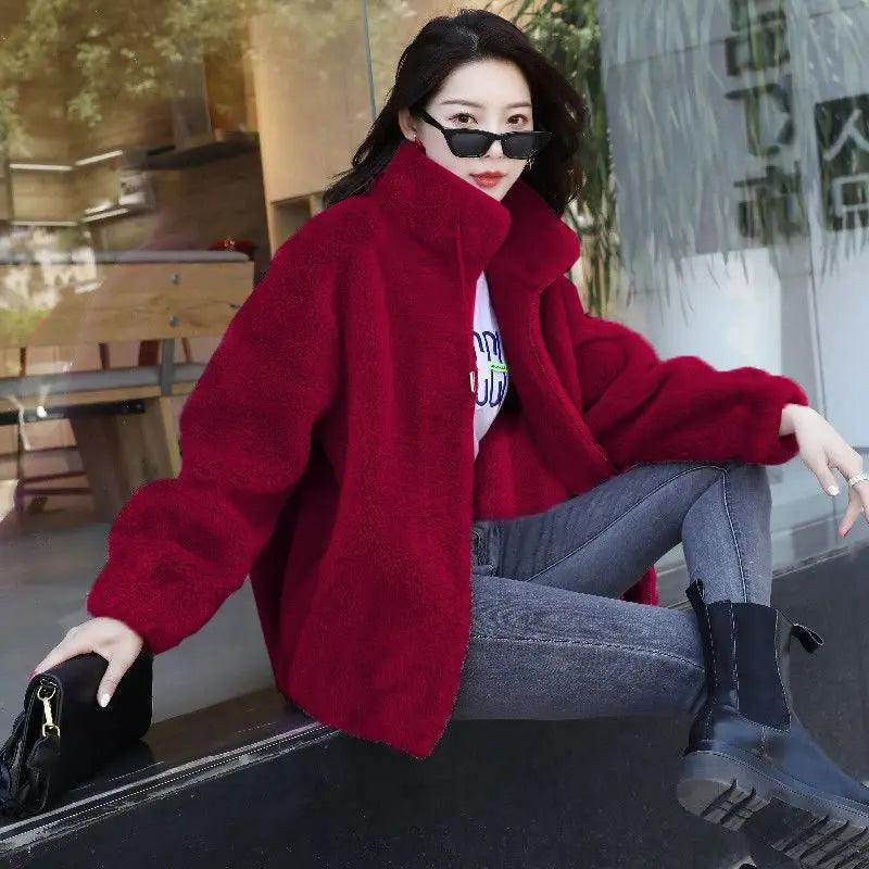 Winter Warm Double Coral Fleece Coat Women Stand Collar Plush Thick Overcoat New Fashion Loose Casual Long Sleeve Zipper Clothes