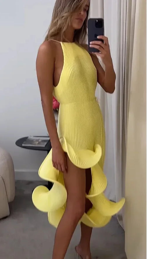Women Romantic Yellow Halter Maxi Dress Ribbed Knit Ruffled High-slit Slim-fit Vestido 2026 Lady New Spring Trendy Fashion Robes