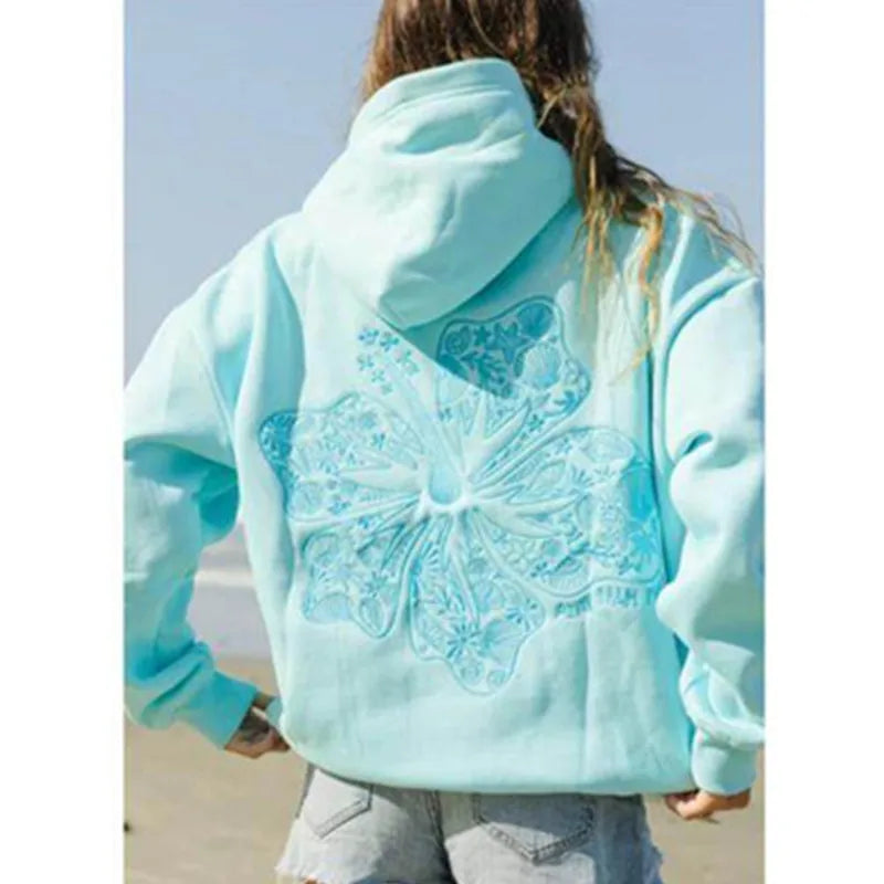 2025 Women's Embroidered Hoodie Long Sleeve Kangaroo Pocket Drop Shoulder Casual Pullover Sweatshirt