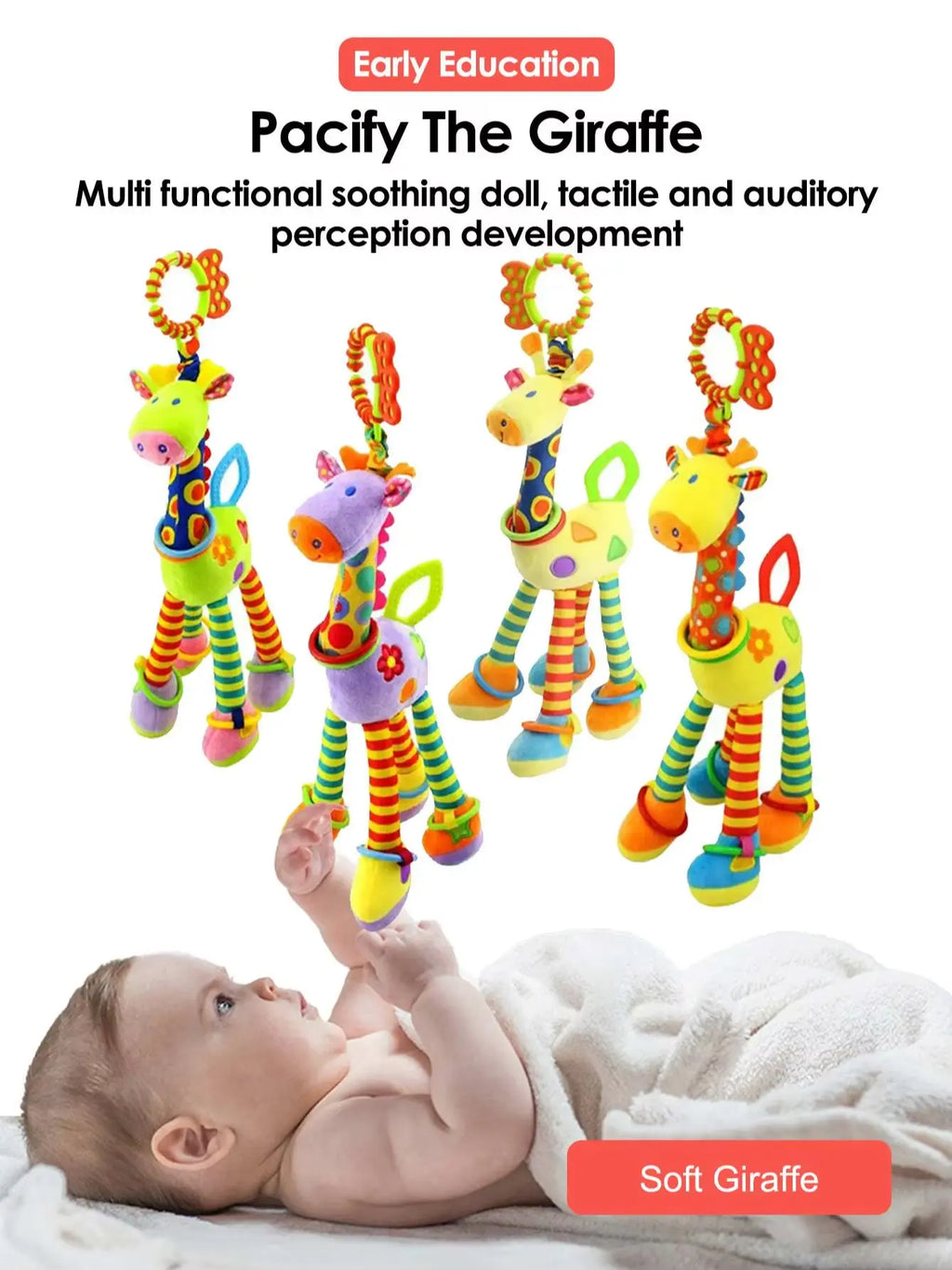 1pcs Soft Giraffe Animal Handbells Rattles Plush Infant Toddler Car Bed Hanging Toy Baby Early Education Development Handle Toys