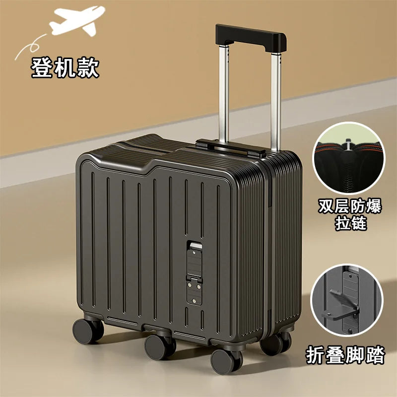 2024 Newest Design Children Luggage Sitting and Riding Mini 20 Inch Travel Boarding Suitcase Six Wheels With Folding Foot Pedal
