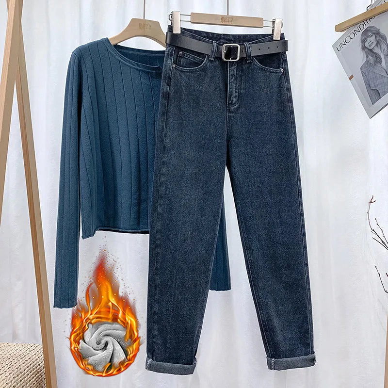 Women's Fce Lined High Waist Straight Leg Jeans Thiened Warm Nine Point Harlan Dad Pants Slimming Tapered Cuffed Ankle