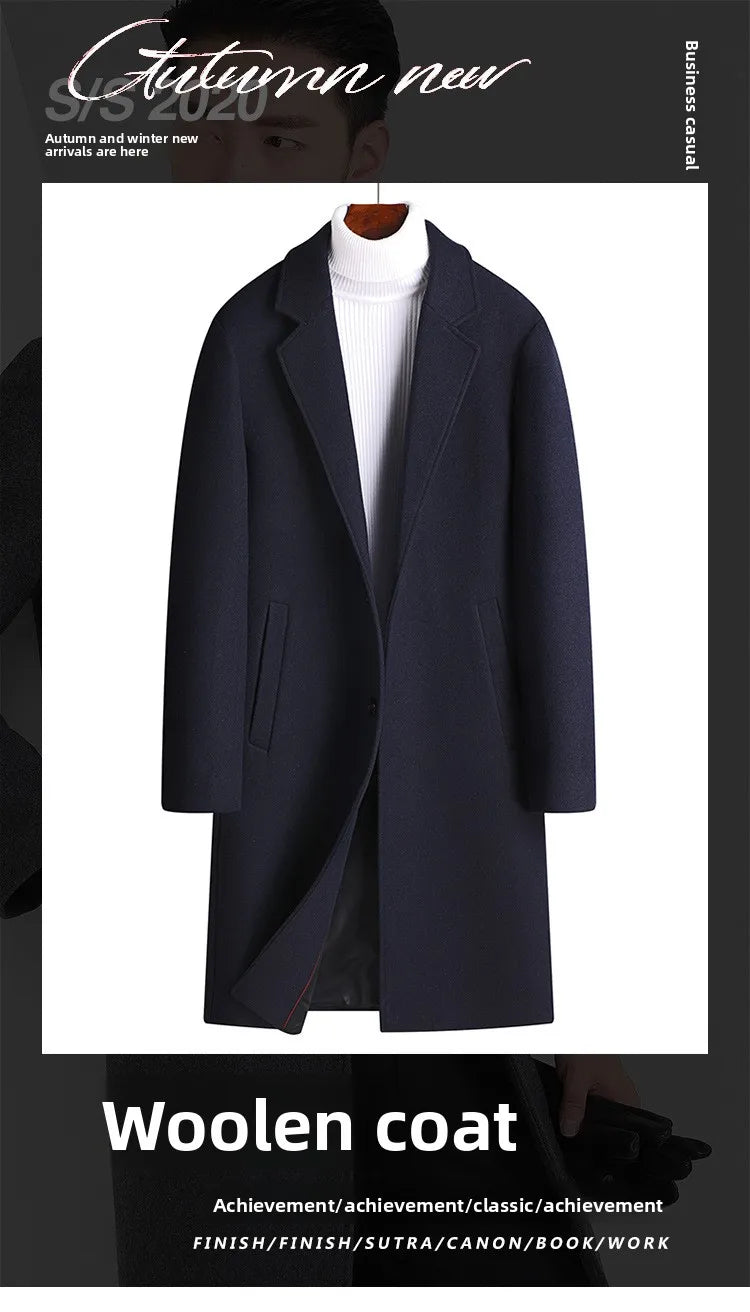 2025 Autumn/Winter New Lapel Woolen Coat for Men, Slim Fit, Korean Style, Mid-Length Coat for Young and Middle-Aged Men
