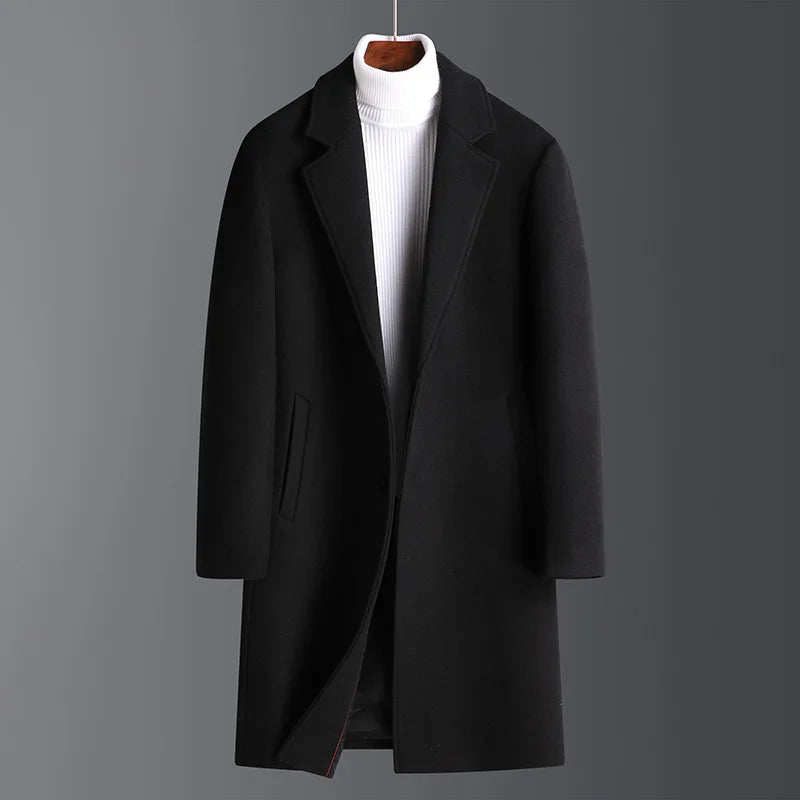2025 Autumn/Winter New Lapel Woolen Coat for Men, Slim Fit, Korean Style, Mid-Length Coat for Young and Middle-Aged Men