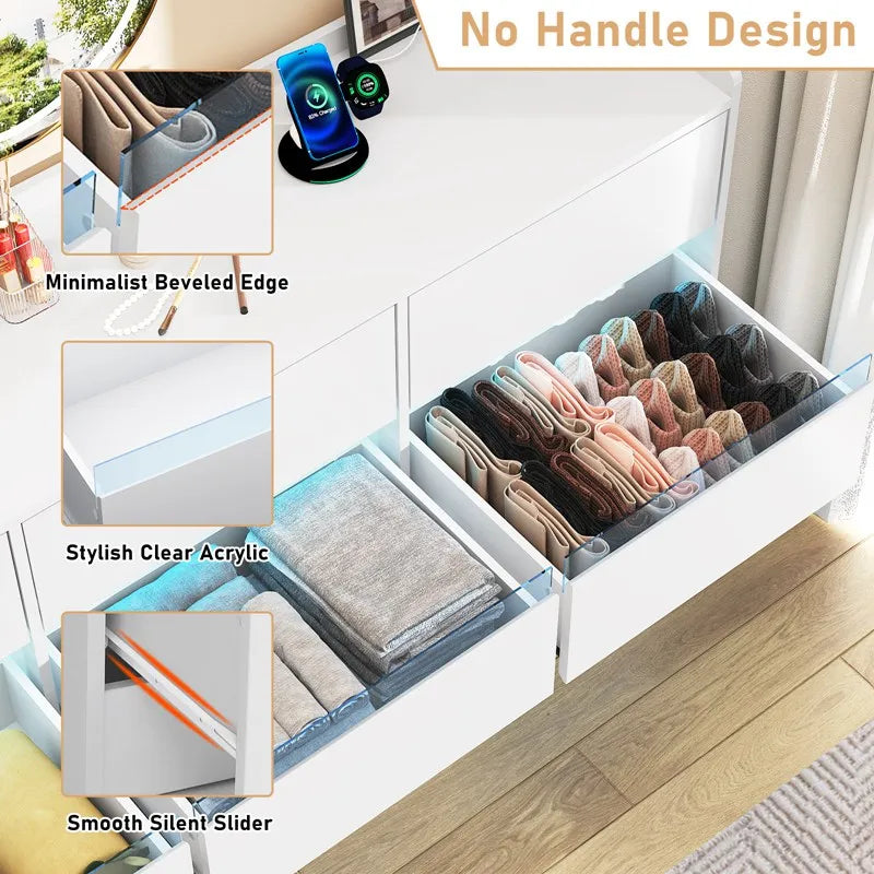 9 Drawer Dresser with Power Outlet & LED Light, Modern Chest of Drawers for Closet, 63" Drawer Organizer Cabinet for Bedroom