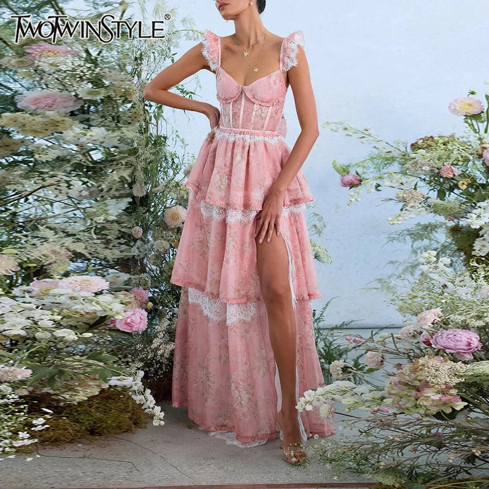 TWOTWINSTYLE Colorblock Slimming Spliced Lace Dresses for Women Square Neck Sleeveless Patchwork Printing Dress Female Clothes