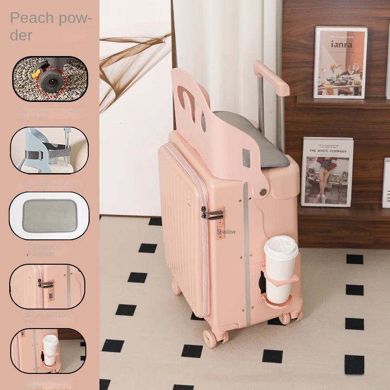 2025 New suitcase for children can Sit 20/22 inch Ride on Luggage Front Opening Sturdy Thickened Travel suitcase with Cup Holder