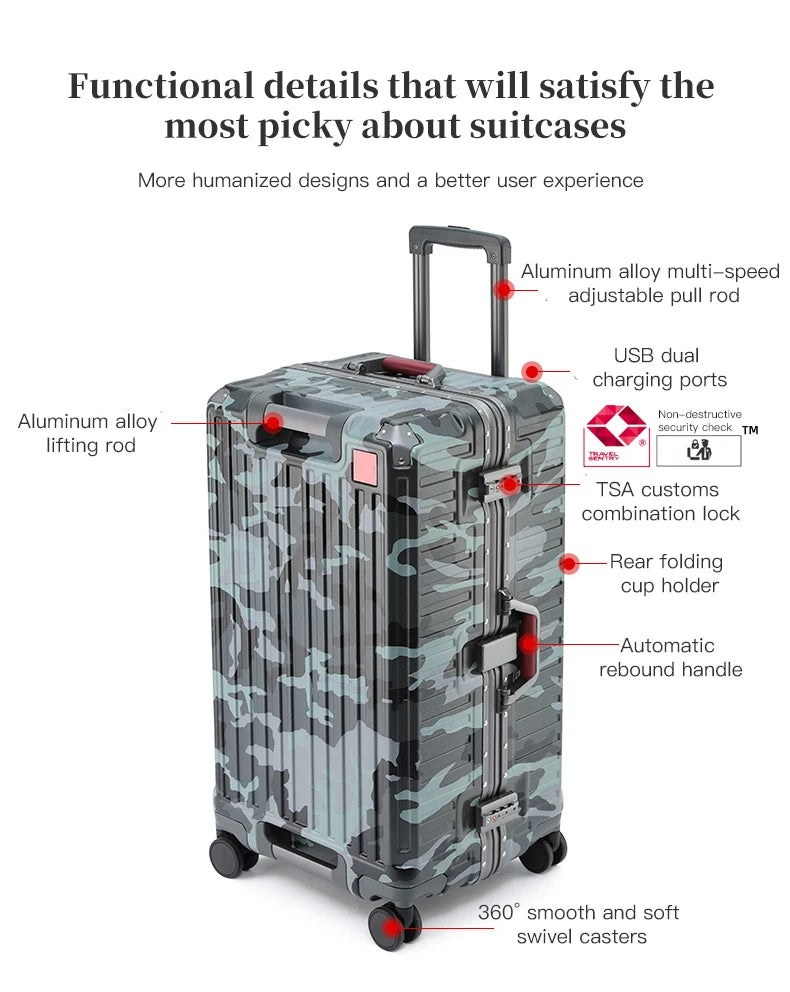 Suitcase Wide Handle Travel Suitcase Men 20 24 26 Carry-On Luggage Women PC Aluminum Frame Trolley Case