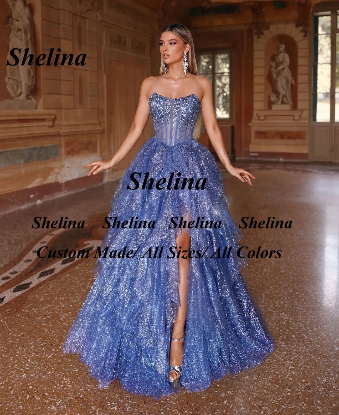 Shelina Glamorous Sweetheart Evening Dresses For Women Beadings Ruffles Wedding Party Gown Vestidos De Noche Custom Made