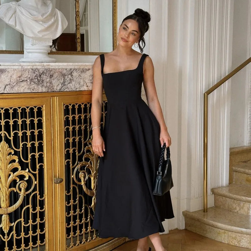 Oshfall European and American cross-border 2024 summer new solid square neck sleeveless suspenders long fashion women's dress