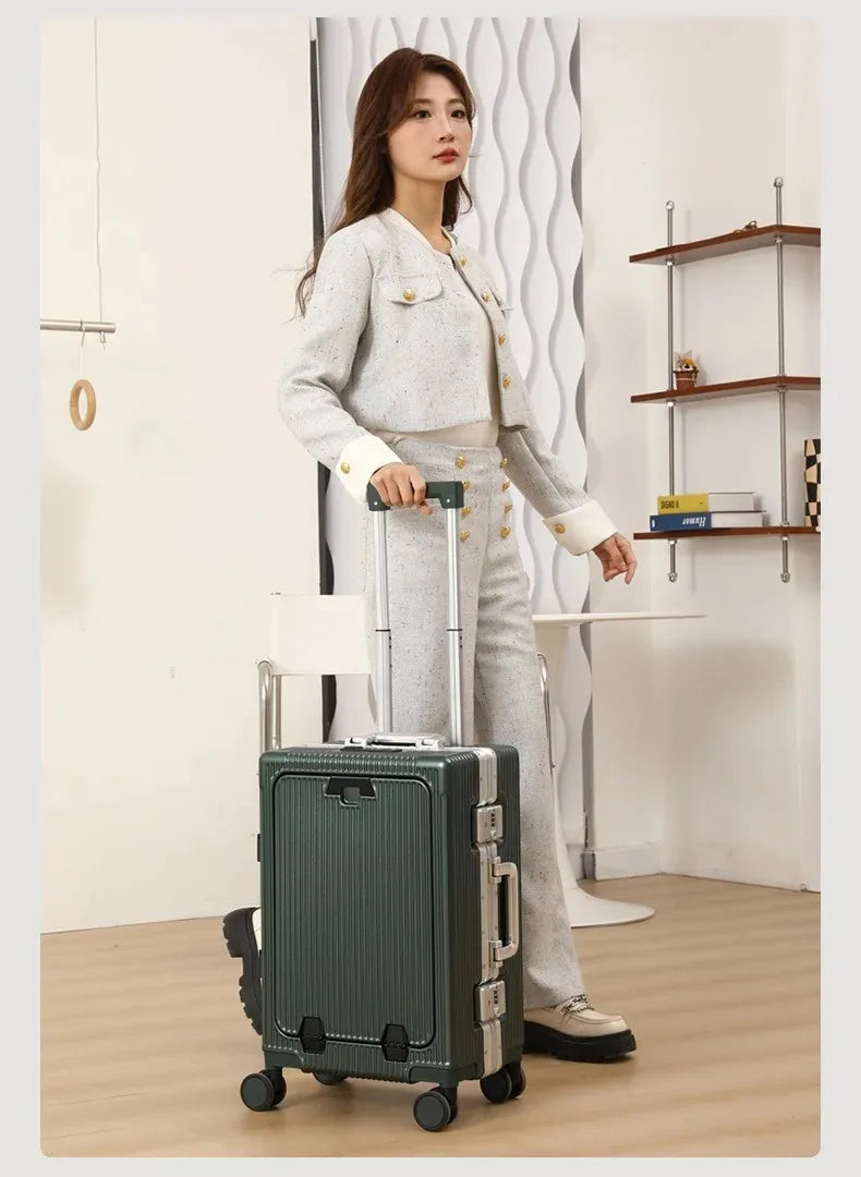 Suitcase Front Opening Pocket Aluminum Alloy Frame Rolling Luggage with USB Charging Plug Trolley Carry-on Case Bag with Wheel